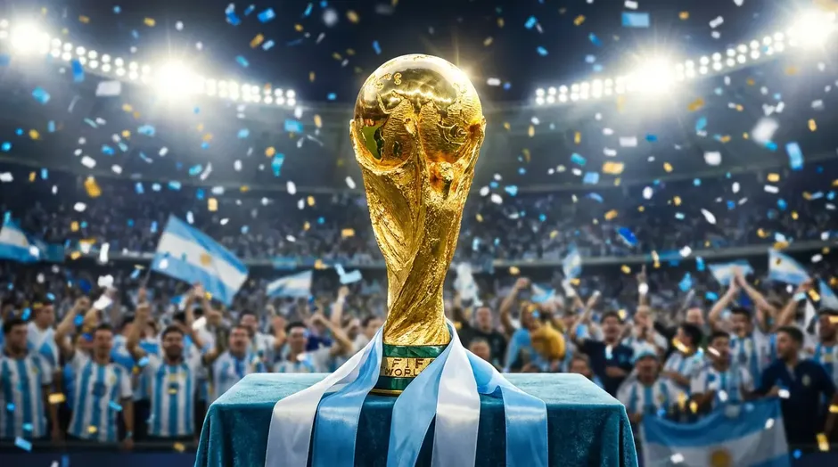 Lionel Messi s trofejí Mistrovství světa, symbol argentinského fotbalového triumfu