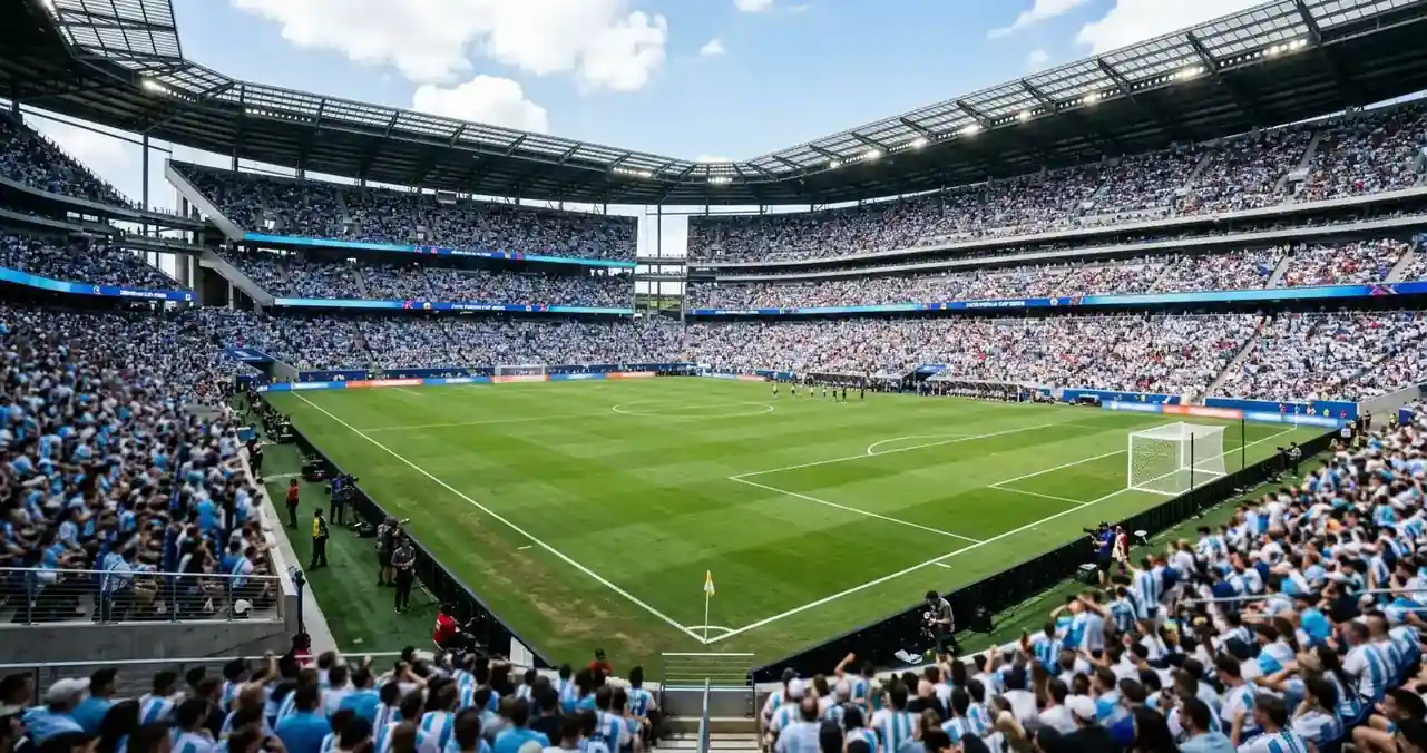 Stadion před výkopem zalitý poledním sluncem, prázdné lavičky, perfektně narýsované linie hrací plochy