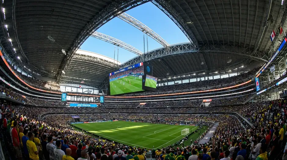 AT&T Stadium v Dallasu během fotbalového utkání s otevřenou střechou a zaplněnými tribunami