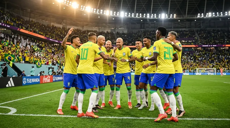 Brazilská reprezentace v tradičních žlutých dresech nastupuje k zápasu