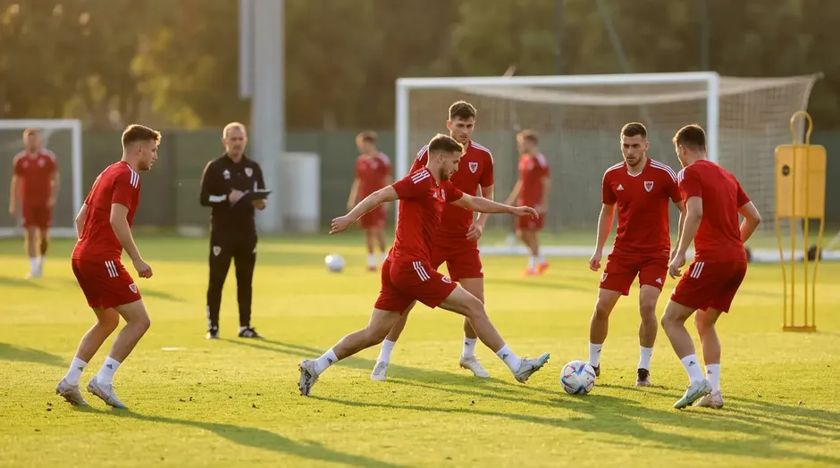 Čeští fotbalisté během tréninku v národních dresech před důležitým zápasem