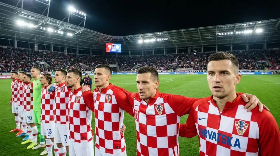 Chorvatská reprezentace v tradičních kostičkovaných dresech nastupuje k zápasu