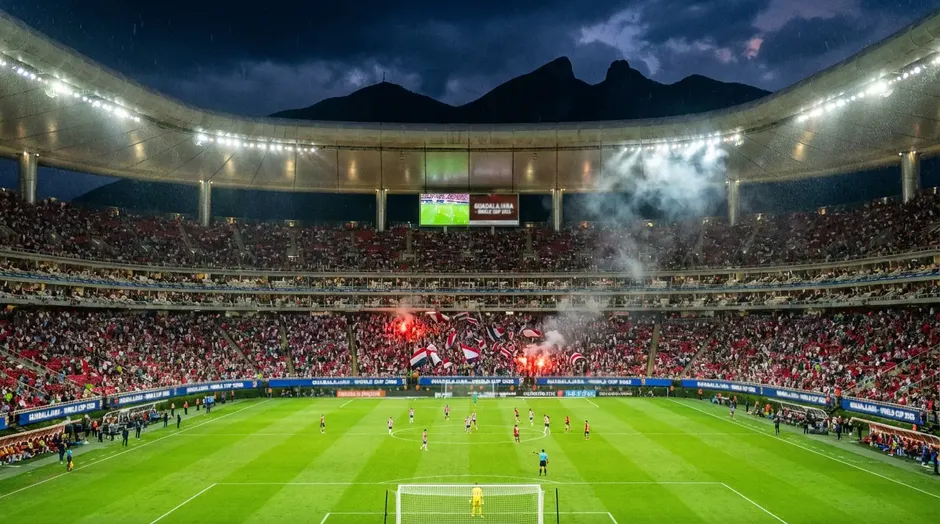 Estadio Akron v Guadalajaře s charakteristickým vulkanickým designem a zaplněnými tribunami během nočního zápasu