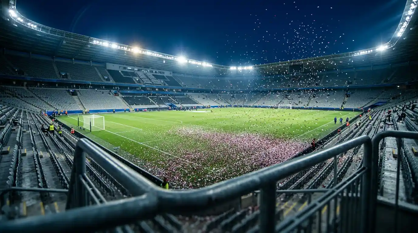 Prázdný fotbalový stadion po skončení finále, konfety na trávníku, světla ochozů svítí do noci