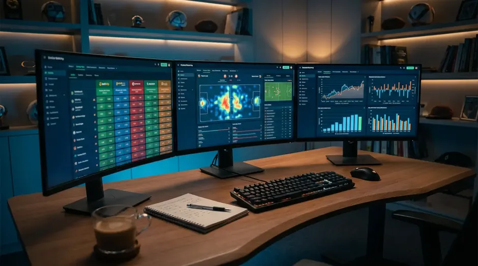Analytik studuje statistiky a kurzy na obrazovkách při přípravě sázkové strategie
