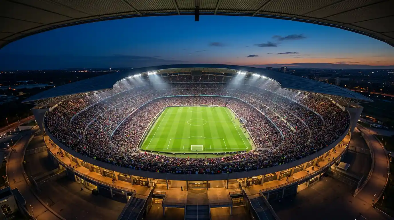 Pohled shora na fotbalový stadion s plnými ochozy a osvětleným hřištěm za soumraku