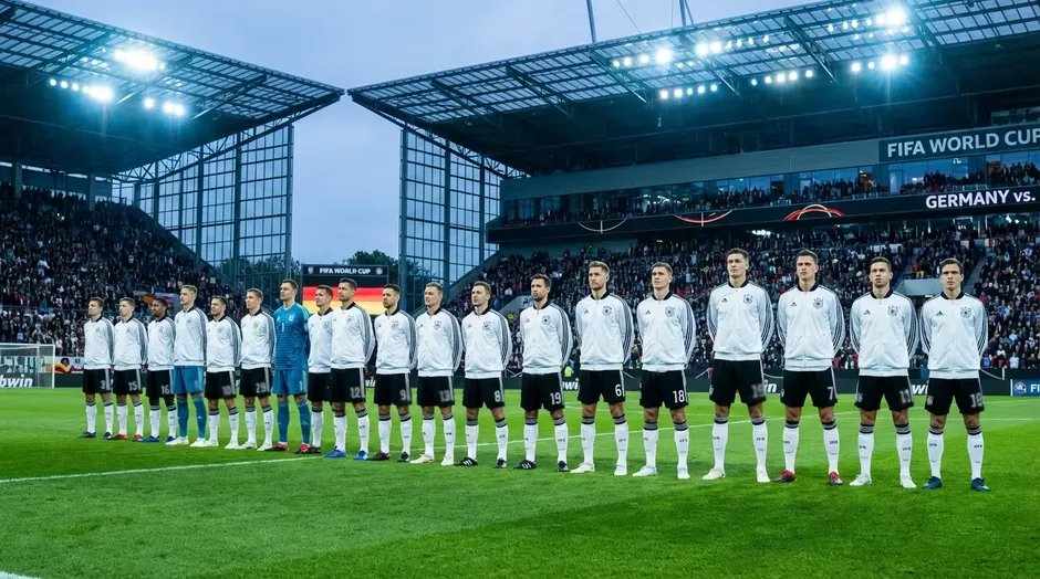 Německá reprezentace v bílých dresech slaví gól na velkém turnaji