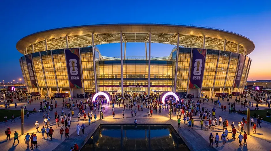 Moderní fotbalový stadion v USA s osvětleným hřištěm připraveným na mistrovství světa