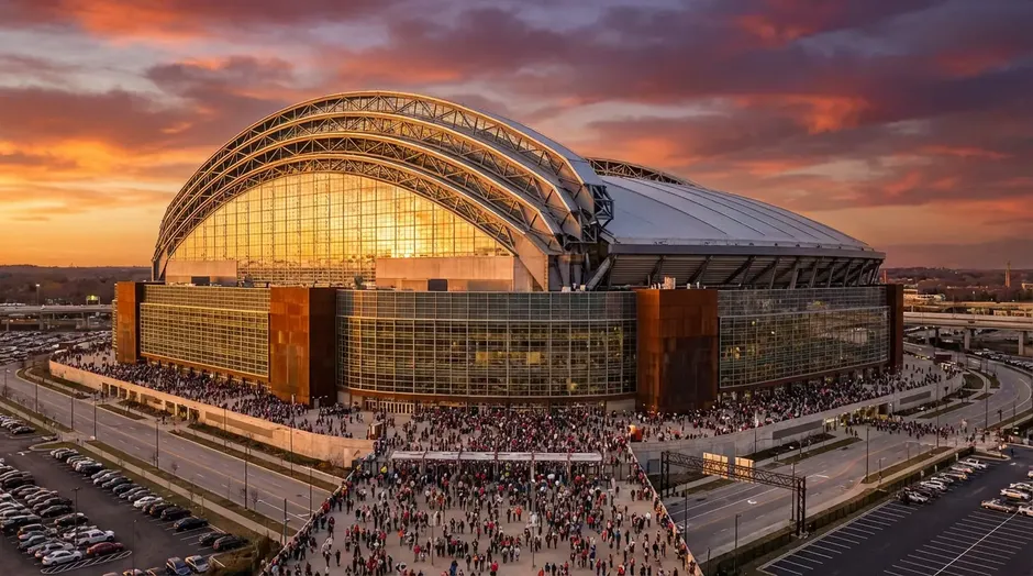 Panoramatický pohled na AT&T Stadium v Dallasu, dějiště finále MS 2026