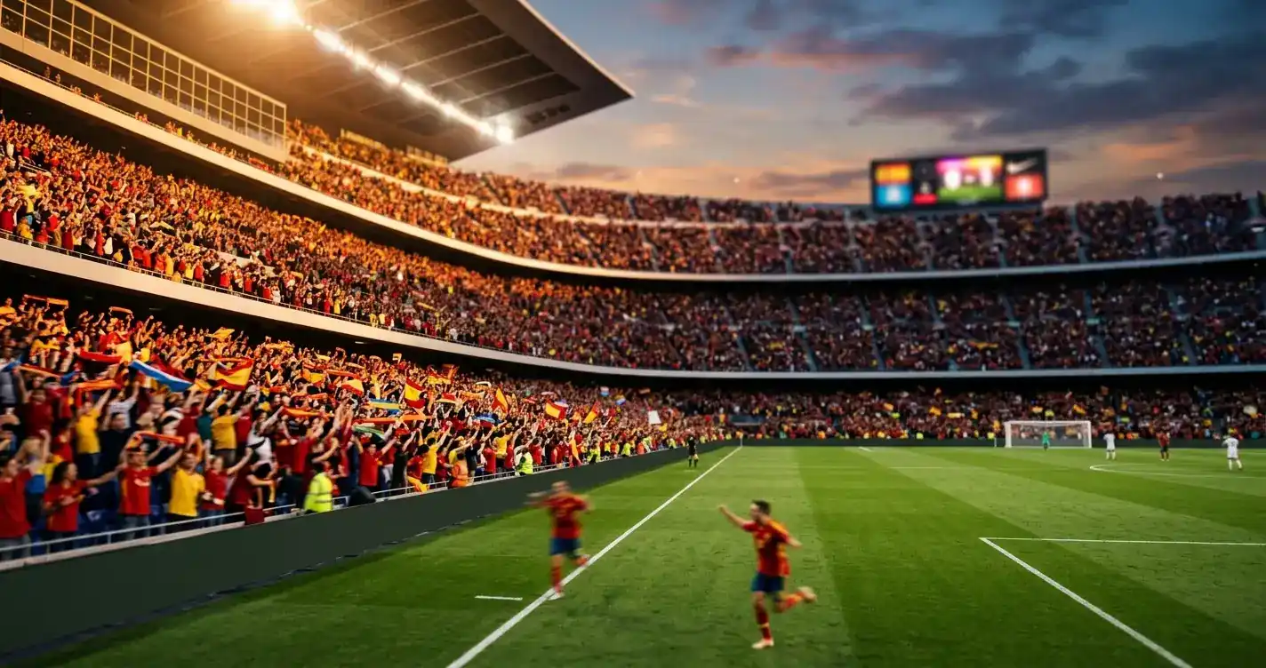 Stadion při západu slunce, fanoušci v červených a žlutých dresech slaví, na obří obrazovce výsledek MS 2026