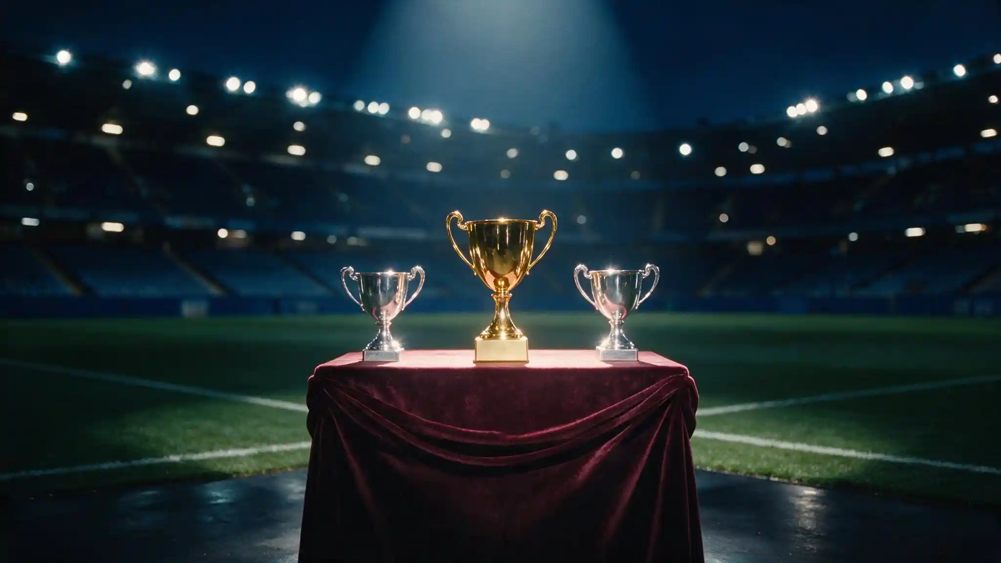 Prázdný stupínek vítězů s trofejemi ve světle reflektorů před tribunou stadionu
